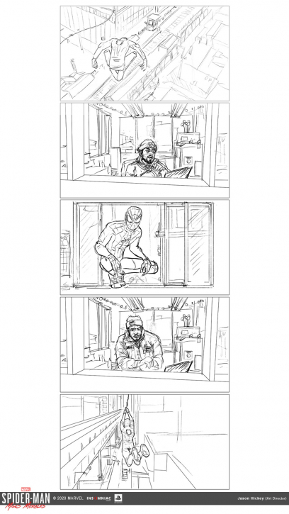 Concept art of Storyboard from the video game Spider Man Miles Morales