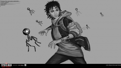 Concept art of Tinkerer Weapon Exploration from the video game Spider Man Miles Morales by John Staub