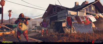 Concept art of Suburbs from the video game Cyberpunk 2077 Additions 02 by Bernard Kowalczuk