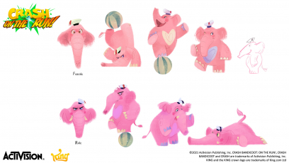 Concept art of Pink Elephan from the video game Crash Bandicoot On The Run by Aurelia De Bouard
