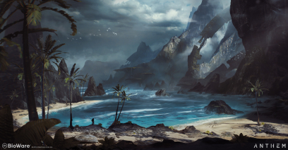 Concept art of Cataclysm Coast from the video game Anthem by Ken Fairclough