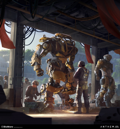 Concept art of Daily Life In Fort Tarsis from the video game Anthem by Steve Klit