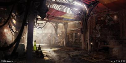 Concept art of Fort Tarsis Market from the video game Anthem by Ken Fairclough
