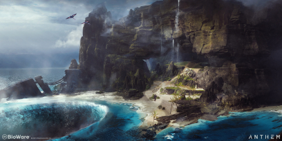Concept art of Nexus Shoreline from the video game Anthem by Ken Fairclough