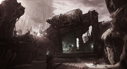 Concept art of Air Realm Structures from the video game Godfall by David Noren