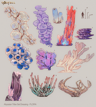 Concept art of Abyssal Coral Set Dressing Flora from the video game Godfall by Raphaëlle Deslandes