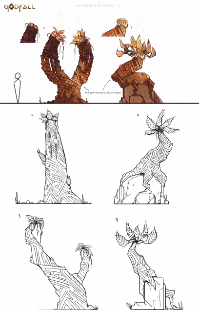 Concept art of Air Realm Plants from the video game Godfall by Raphaëlle Deslandes