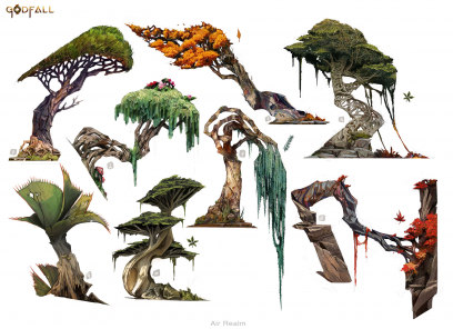 Concept art of Air Realm Trees from the video game Godfall by Raphaëlle Deslandes