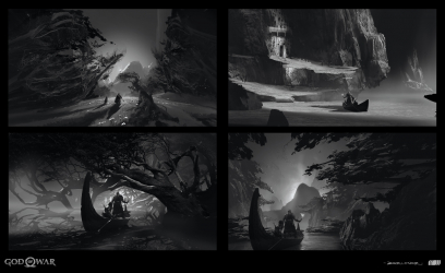 Concept art of The Woods Of Alfheim Exploration from the video game God Of War by Luke Berliner