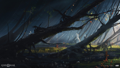 Concept art of The Woods Of Alfheim Exploration from the video game God Of War by Luke Berliner