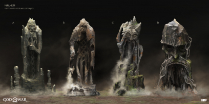 Concept art of Various Statues from the video game God Of War by Jin Kim