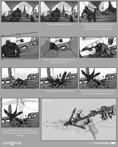 Concept art of Escape From Helheim Storyboard from the video game God Of War by Joe M Kennedy