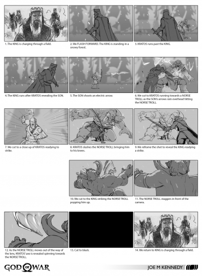 Concept art of The King Commercial Storyboard from the video game God Of War by Joe M Kennedy