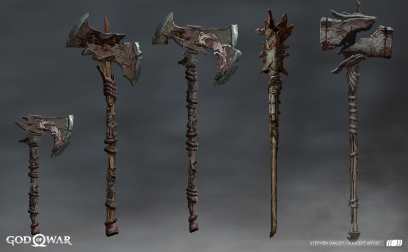 Concept art of Draugr Weapons from the video game God Of War by Stephen Oakley