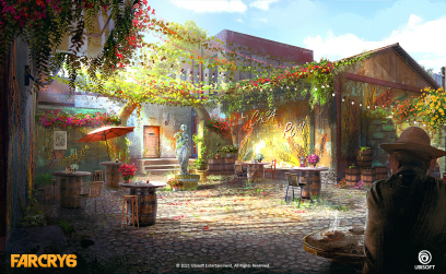 Concept art of Hidden Rebel Hq Cafe from the video game Far Cry 6 by Stephanie Lawrence
