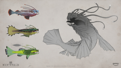Concept art of Fish Rare from the video game New World by Tyler Stott