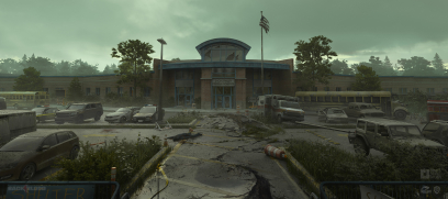 Concept art of School Front from the video game Back 4 Blood by Sergio Castaneda