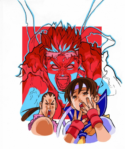 Concept art of evil Ryu scaring Dan and Sakura for Street Fighter Zero 2 Alpha