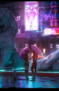 Concept art of Japantown At Night from the video game Cyberpunk 2077 by Marthe Jonkers