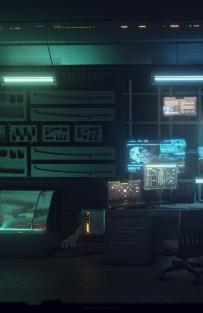 Concept art of Ripper Doc Service Point from the video game Cyberpunk 2077 by Bogna Gawrońska