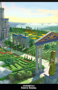 Concept art of Athena's Maze from the video game Immortals Fenyx Rising by Hugo Puzzuoli