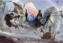 Concept art portraying Alduin attacking the Dragonborn for the video game The Elder Scrolls V: Skyrim